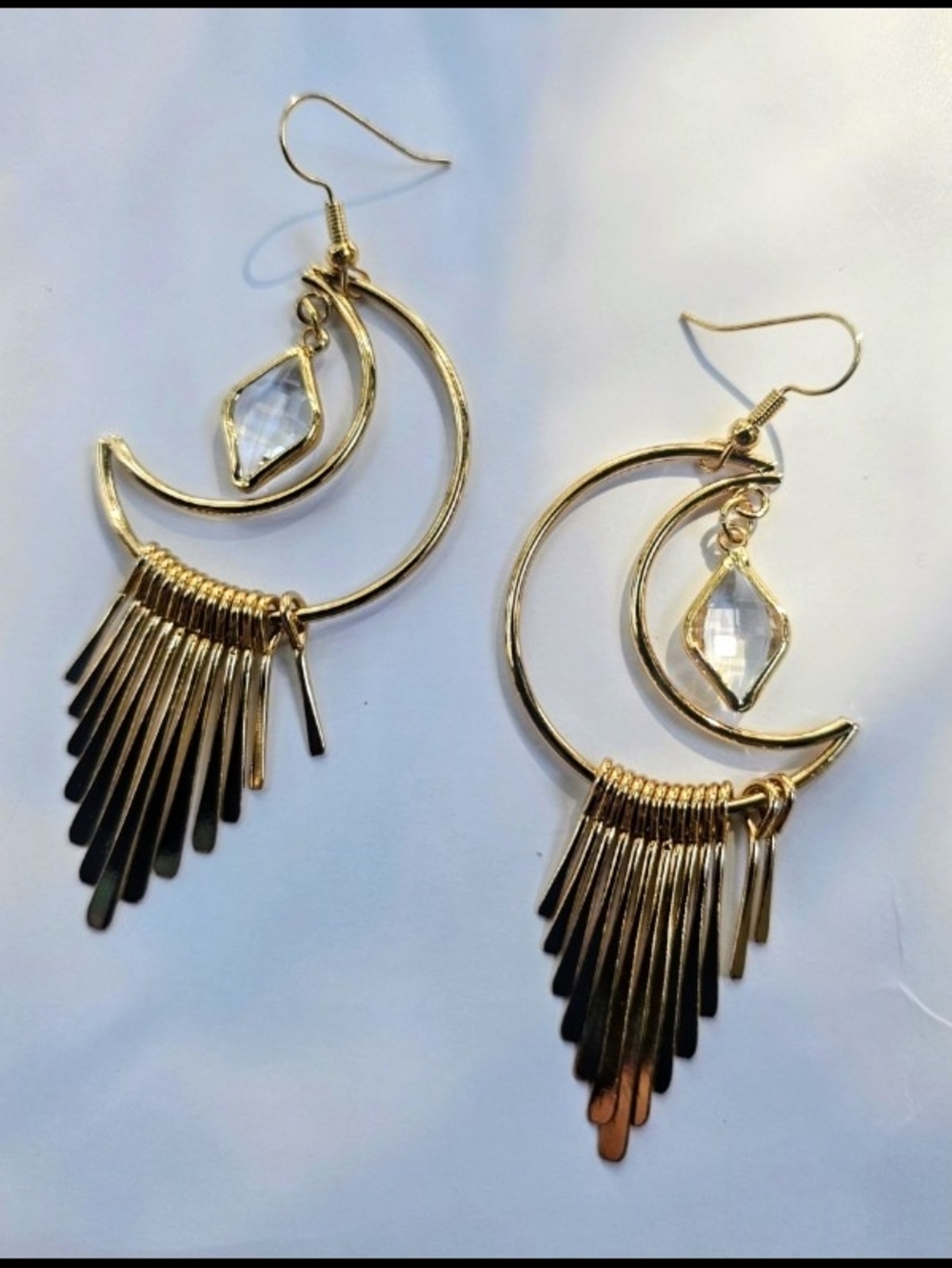 Gold Crescent Moon Fringe Earrings with Clear Crystal Drop